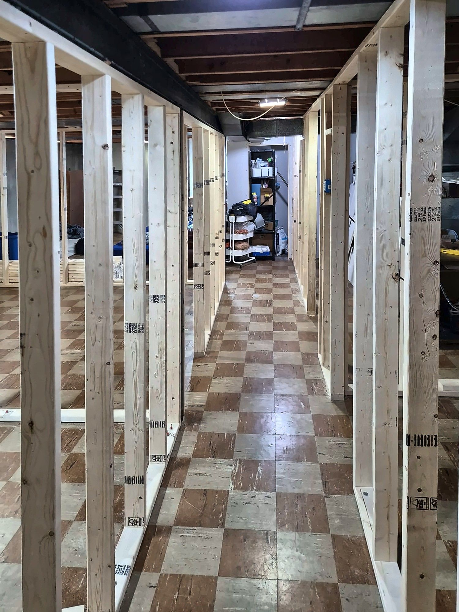 Basement hallway being framed with new studs