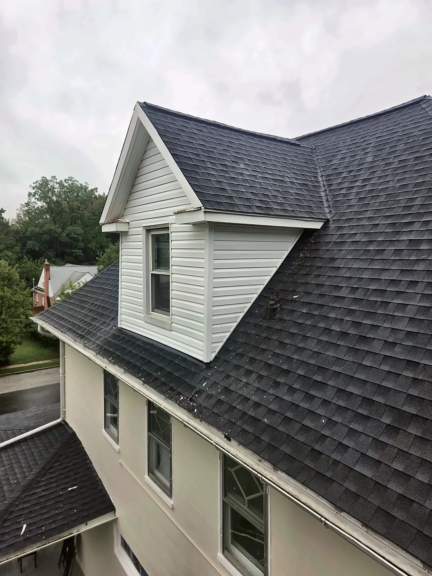 White-sided dormer on a shingle roof