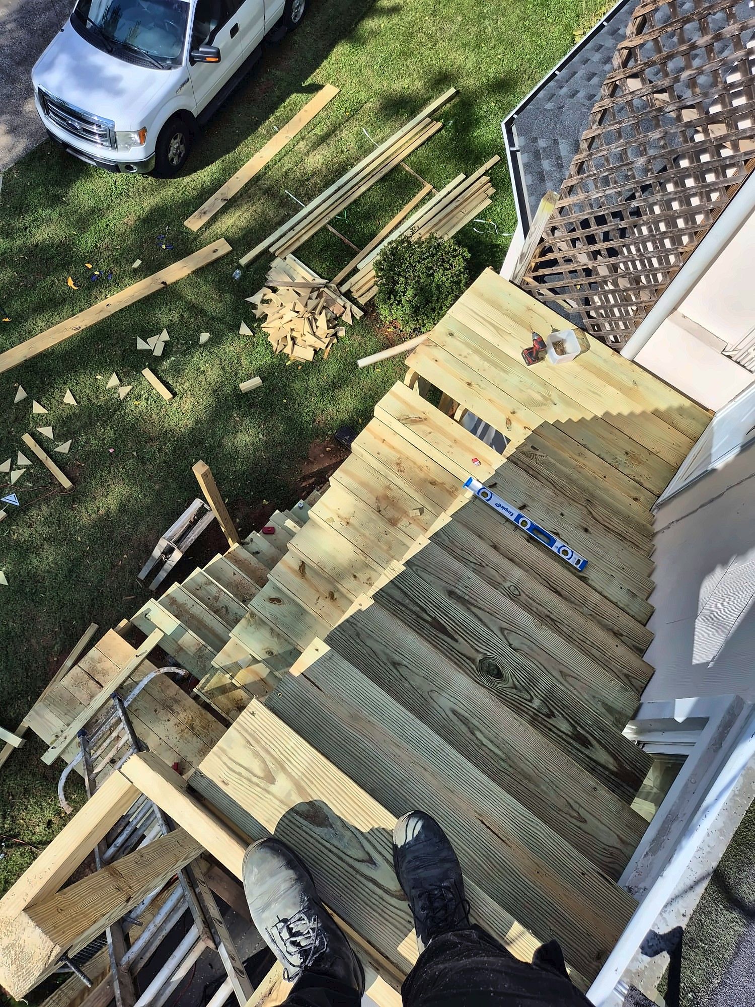 Overhead view of exterior stairs being built
