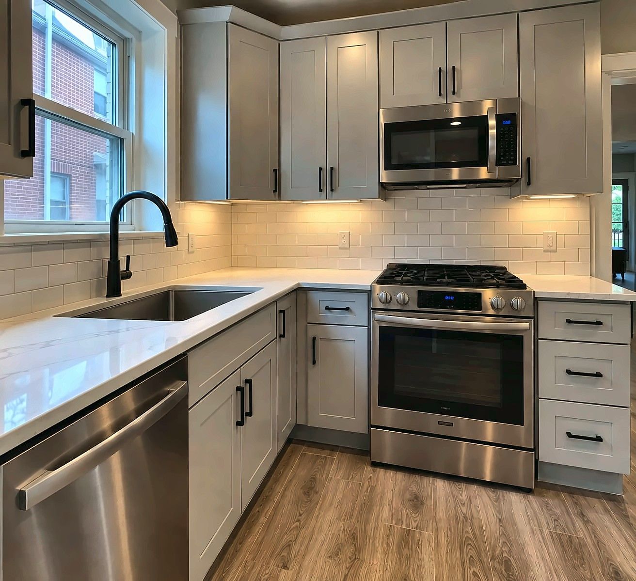 Gray shaker kitchen with stainless gas range and under-cabinet lights
