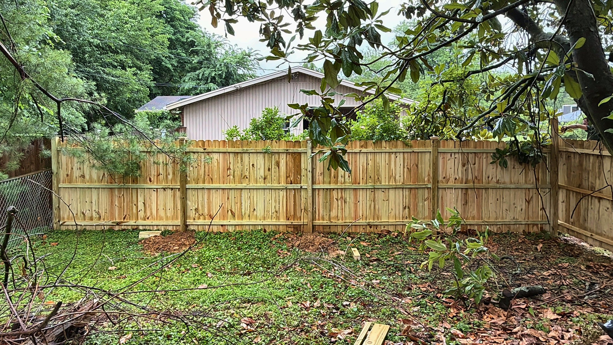New wood privacy fence around a backyard